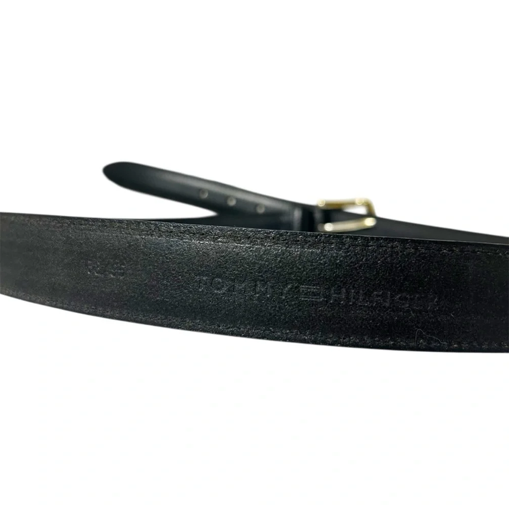 Tommy Hilfiger Men's Black Genuine Leather Belt Sz 38/95 LightGolden Tone Buckle
